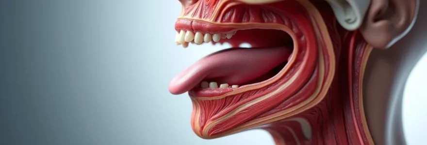 Représentation anatomique de la réaction en chaîne mécanique créée par l'avancée mandibulaire : mandibule repositionnée libérant les voies aériennes